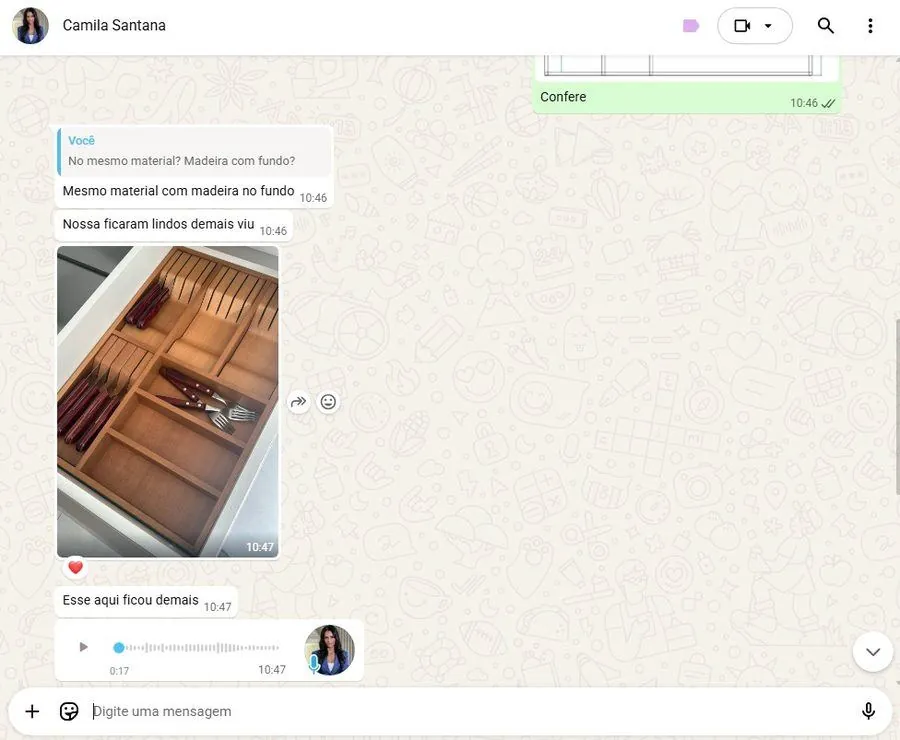 Depoimento de Camila no WhatsApp para a Armazém Decora