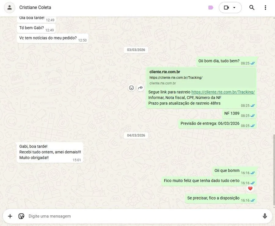 Depoimento de Cristiane no WhatsApp para a Armazém Decora
