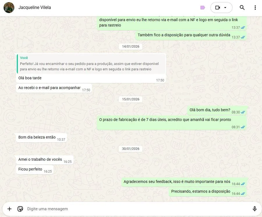 Depoimento de Jacqueline no WhatsApp para a Armazém Decora